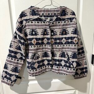 Iconic by Iskia Cream  Black Aztec Tribal Print Embellished Tapestry  Jacket